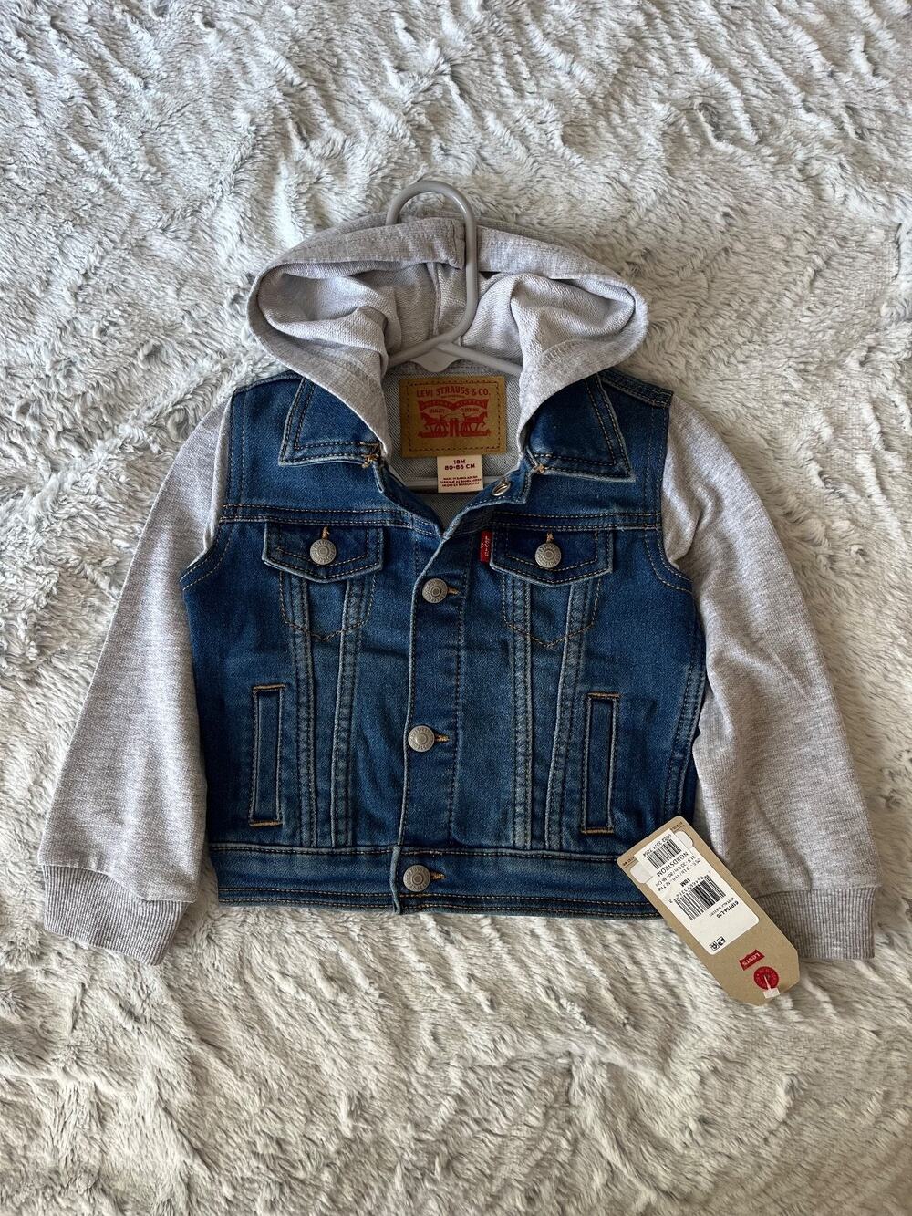 Levi's NWT Baby Toddler Hooded Denim Trucker Jacket 18M Knit Sleeve Blue Grey